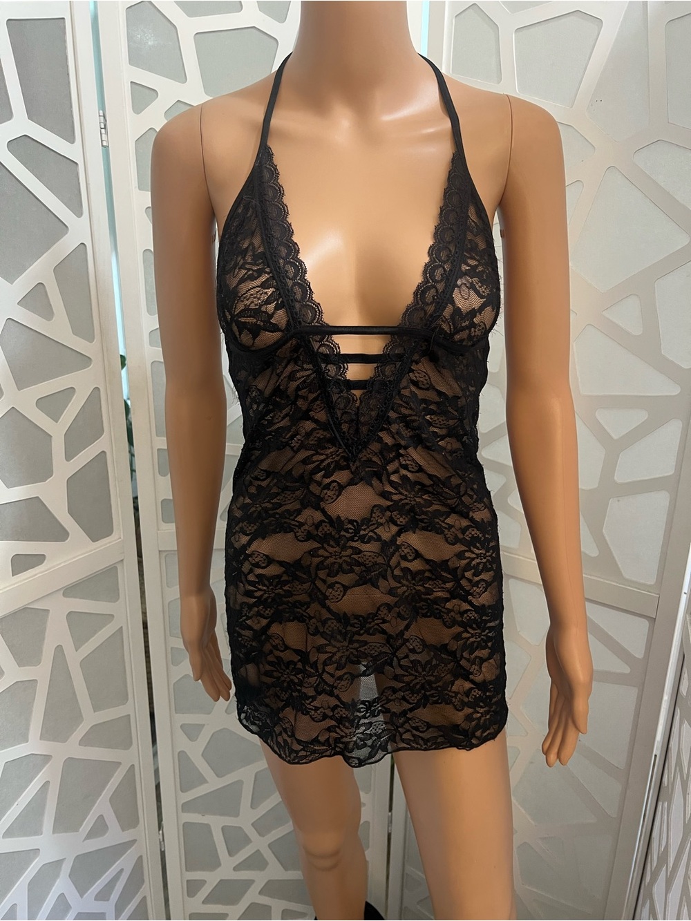 Avidlove Women’s Small Black Lace Lingerie Mini Dress Sheer Halter Open Back S